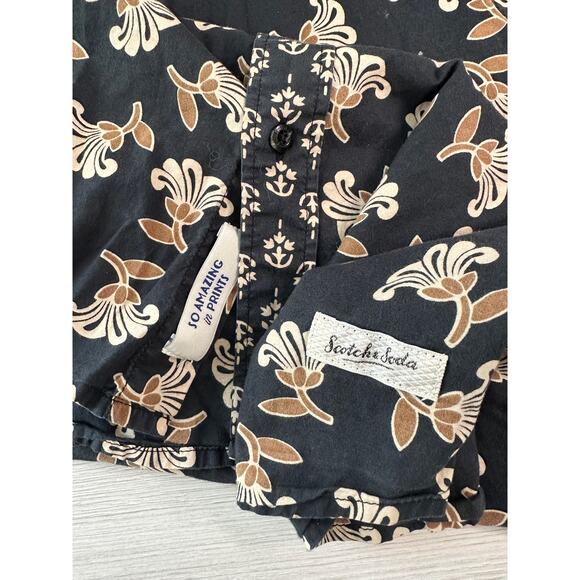 Scoth & Soda Mens Flower Black and Tan Print Button Up Long Sleeve Size Medium - Picture 5 of 7